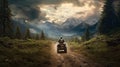 A person, riding atv through the forest, with view of majestic mountain range in the background into storm