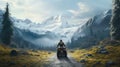 A person, riding atv through the forest, with view of majestic mountain range in the background into strom