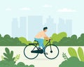 Person riding on bikecycle flat vector illustration. Young girl riding environmentally friendly electric vehicle in town Royalty Free Stock Photo