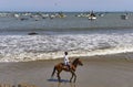 A person riding a Chestnut Horse on the beach of Mancora, a small Fishing Village situated in Peru.