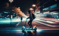 Person riding an electric stand-up scooter at night.Conceptual city micro mobility with e-scooter.