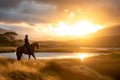 Person riding a horse in beautiful Irish landscape on dramatic sunset. Man admiring scenic view while on horseback riding tour in