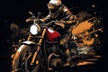 a person riding a motorcycle on a dark background with splashes of orange and white paint on the bike and the rider is wearing a