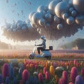 A person riding a scooter through a field of floating balloon