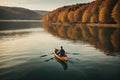 Person rowing on a calm lake in autumn aerial view. ai generative