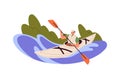 Person rowing with paddles, kayaking. Man with oars in canoe, rafting in river water on summer holidays. Solo kayaker