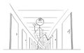 Person Running Through Endless Corridor with Door , Vector Cartoon Stick Figure Illustration