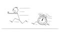 Person Running From Time Alarm Clock or Deadline, Vector Cartoon Stick Figure Illustration