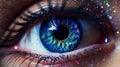A person\'s eye with a vibrant galaxy reflection, vastness of human perception