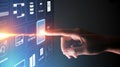 Person\'s finger activating a process automation button on a touch screen image photo Royalty Free Stock Photo
