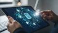Person\'s Finger Interacting with Futuristic Digital Document Security Interface on Tablet Royalty Free Stock Photo