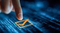 Person\'s finger about to select a glowing orange checkmark icon on digital interface Royalty Free Stock Photo