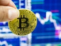 Bitcoin with stock market graphics out of focus in the background.