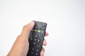 A person's hand holding a black television remote control against a plain white background Royalty Free Stock Photo