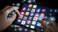 Social media icons fly off the ipad in hand generative ai