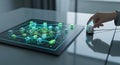 Person's hand interacts with an advanced device controlling a tablet displaying an intricate glowing data network. Royalty Free Stock Photo