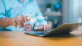 A personÃ¢â¬â¢s hand interacts with an online document interface showing Approve and Reject icons. Ideal for concepts of digital Royalty Free Stock Photo