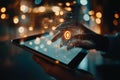 Futuristic Digital Interface on a Tablet with a Hand Interacting with Glowing Technology Elements and Abstract Bokeh Lights Royalty Free Stock Photo