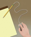 A person`s hand operates a computer mouse attached to a pencil in an illustration about the old ways vs. new technology