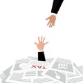 Person`s hand sticking out of a pile of tax forms, word help on the background, illustration