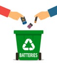 The person`s hand throws the used batteries into the recycling container. concept of garbage processing. Vector illustration in a Royalty Free Stock Photo