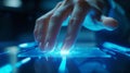 A person's hand on a touch screen with glowing blue lights, AI Royalty Free Stock Photo