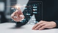 Person interacting with a futuristic holographic interface displaying a flowchart and data analytics Royalty Free Stock Photo