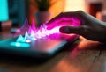 Hand interacts with a colorful digital graph on a tablet screen in a modern Royalty Free Stock Photo