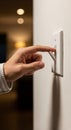 A person\'s hand, wearing a light-colored sleeve, is flipping a white light switch on a Royalty Free Stock Photo