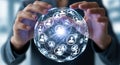Hands meticulously holding a glowing digital sphere filled with interconnected human profile icons representing global Royalty Free Stock Photo