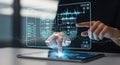 A person's hands interact with a holographic interface displaying complex data and digital circuits above a tablet. Royalty Free Stock Photo