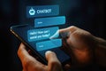Close-up of hands holding a smartphone and interacting with a chatbot AI interface artificial intelligence Royalty Free Stock Photo