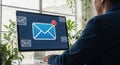 Person checking email on computer with notification and floating Royalty Free Stock Photo
