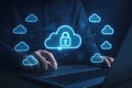 Person Interacting with a Digital Cloud Network Featuring a Lock Icon for Cloud Security and Data Protection Royalty Free Stock Photo