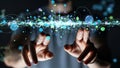 Person\'s hands reaching out towards a glowing network of blue green and white digital data points and connecting Royalty Free Stock Photo