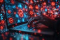 Person\'s hands using laptop displaying cyber security network data and information Royalty Free Stock Photo