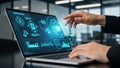 Person\'s Hands Using a Laptop with a Futuristic Digital Interface and Data Visualizations Royalty Free Stock Photo