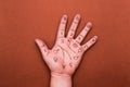 Person`s left palm with drawn lines and chiromancy symbols Royalty Free Stock Photo