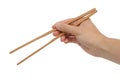 Person's right hand using bamboo chopsticks