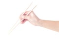 Person `s right hand using bamboo chopsticks