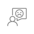 Person with sad face in speech bubble line icon. Feedback, negative comment, customer unsatisfaction symbol Royalty Free Stock Photo
