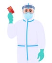 Person in safety protection suit, medical mask, glasses and face shield showing credit, debit, ATM card. Doctor or physician
