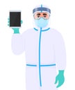 Person in safety protection suit, medical mask, glasses and face shield showing tablet computer. Doctor or physician holding tab.