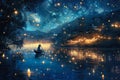 person sailing a boat on a river at night. The stars are shining, and there are lights on the banks Royalty Free Stock Photo