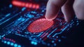 Person scans finger on futuristic tech device. Fingerprint biometric identification process. Advanced security method using