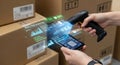 Person scans qr code on tablet with barcode scanner for inventory management system Royalty Free Stock Photo
