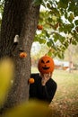 Person with a scary halloween pumpkin outfit in a garden