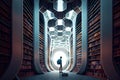 person, searching for the perfect book, in futuristic library data center