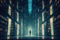 person, searching for the perfect book, in futuristic library data center