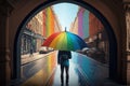 person, searching for perfect place to capture rainbow umbrella street scene, with landmarks in the distance